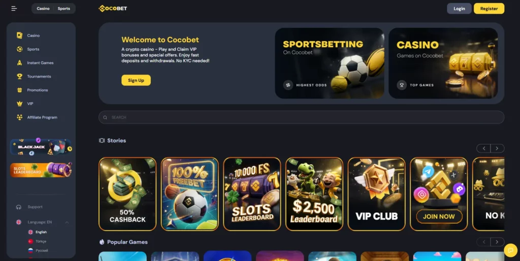 CocoBet crypto casino interface showing the game grid and cryptocurrency deposit options