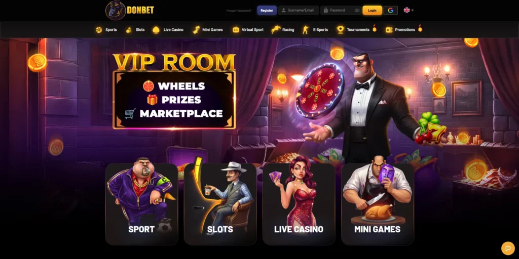 DonBet casino and sportsbook interface with the Don mascot visible in the navigation