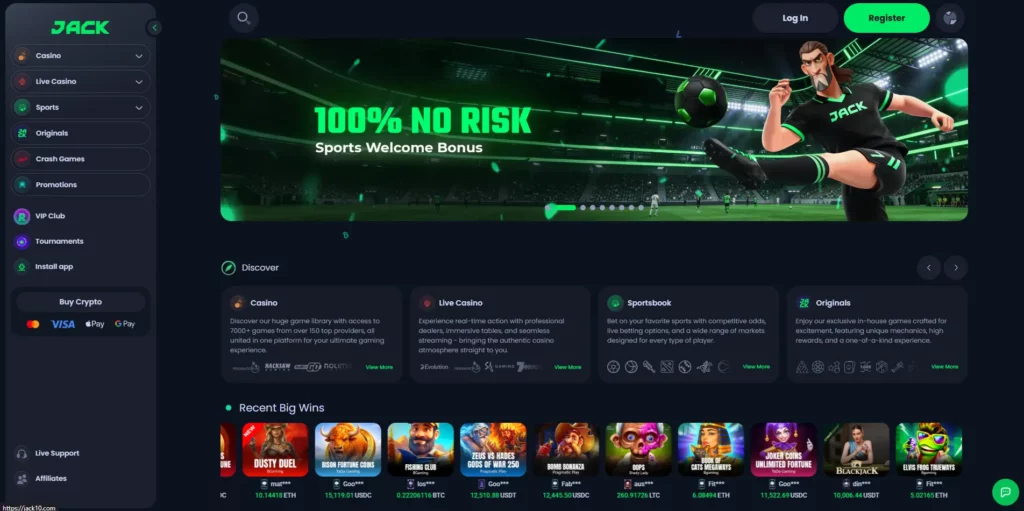 JACK casino interface displaying the game lobby and crypto banking options
