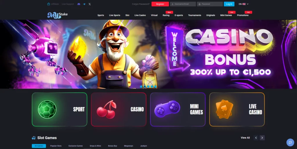 MyStake casino platform showing casino, sportsbook and crash game sections
